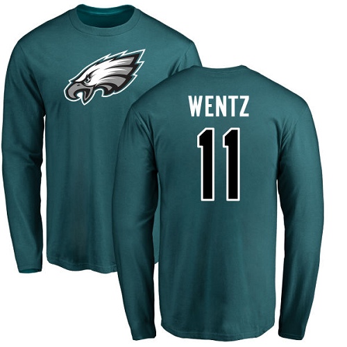 Men Philadelphia Eagles #11 Carson Wentz Green Name and Number Logo Long Sleeve NFL T Shirt